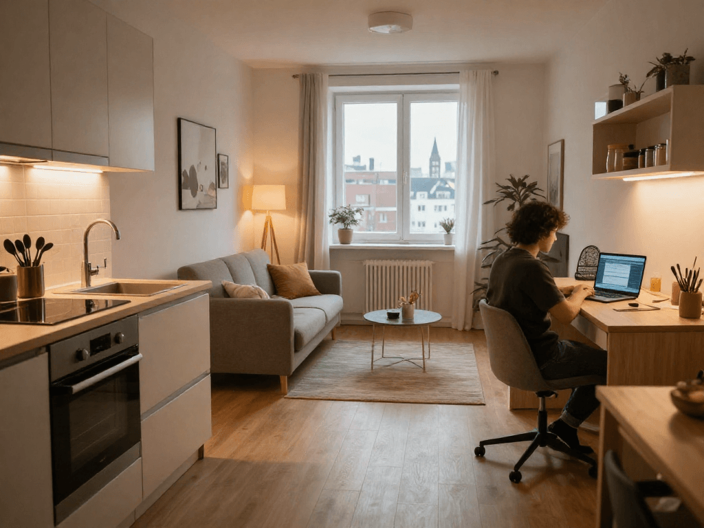 Moderne Monteurwohnung Hannover mit komfortablem Wohnbereich und voll ausgestatteter Küche.
