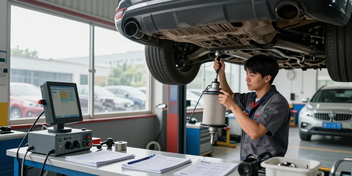 dpf reinigung laatzen: Techniker bei der DPF-Reinigung im Fahrzeug mit modernen Werkzeugen und einem professionellen Arbeitsumfeld.