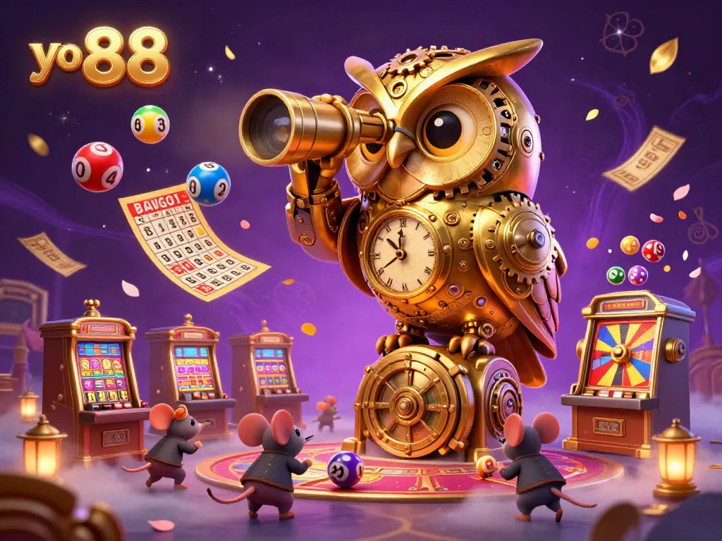 Experience yo 88 with a vibrant casino scene featuring a golden owl, lottery balls, and thrilling gaming action.