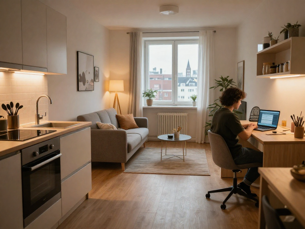 Moderne Monteurwohnung Hannover mit komfortablem Wohnbereich und voll ausgestatteter Küche.