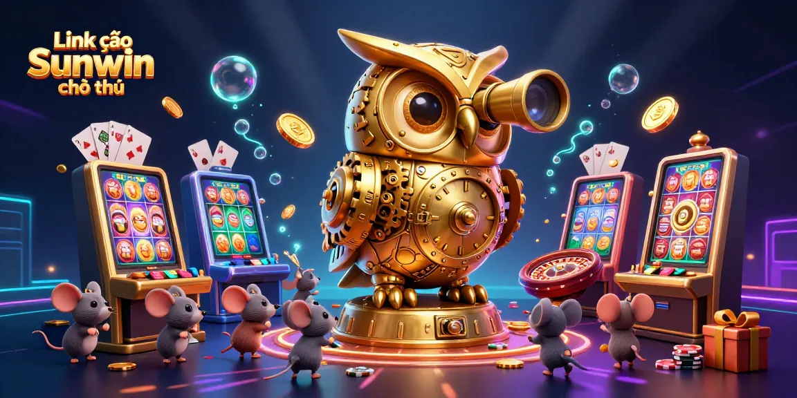 Play games at Link vào Sunwin chính thức with a vibrant casino scene featuring a golden owl, slot game, and colorful action.