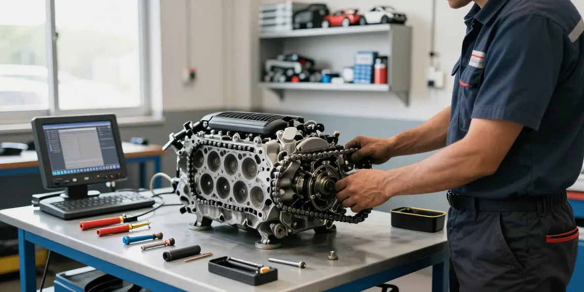 BMW Steuerkette wechseln in einer professionellen Werkstatt mit einem Mechaniker, der an einem Fahrzeug arbeitet