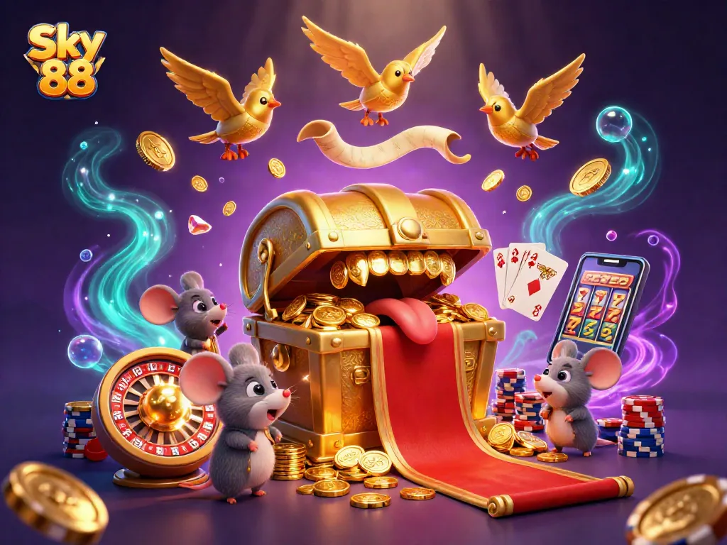 Engage in thrilling gameplay at Sky 88 with vibrant casino elements and a treasure chest enticing adventurer mice.