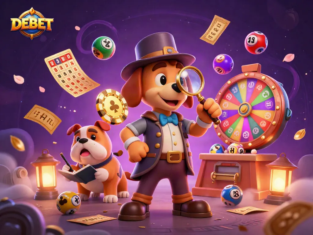 Engage in gaming excitement at DEBET while a detective examines a poker chip clue amid colorful lottery balls.