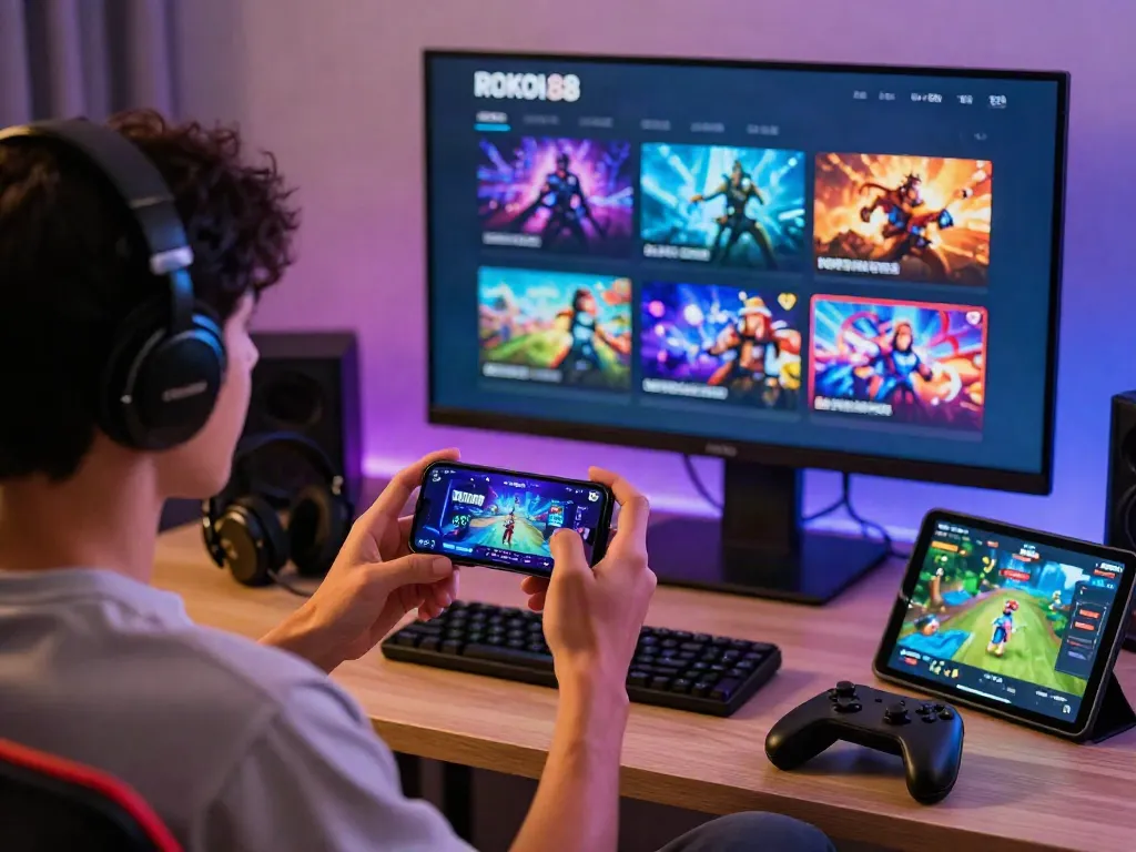 Engaging gaming scene featuring ROKOK88 platform on smartphone showcasing vibrant game options and accessories in a cozy room