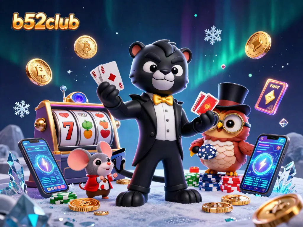 b52club showcases a glamorous casino scene with a stylish panther dealer and charming characters amidst vibrant gaming elements.