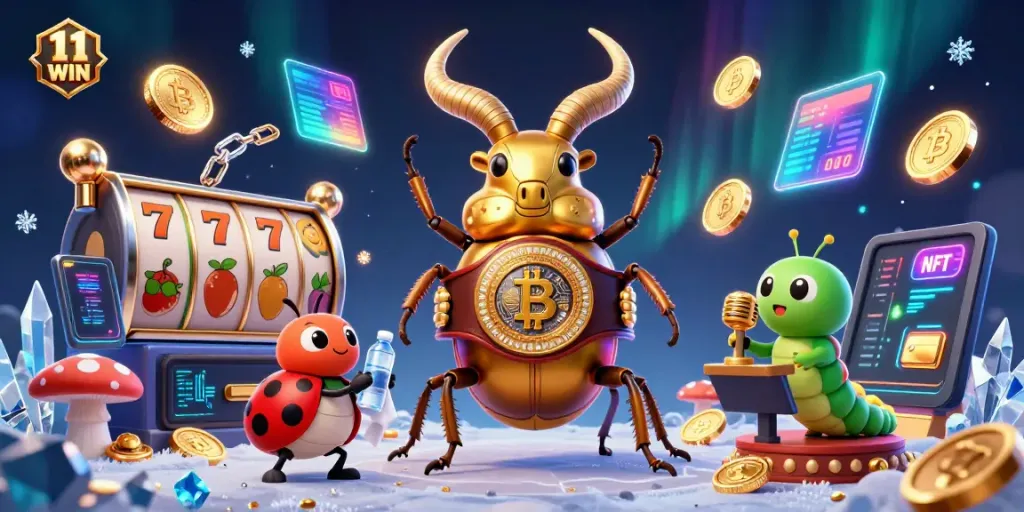 Engage with thrilling games at 11 WIN featuring giant golden stag beetle and ladybug in a vibrant casino scene