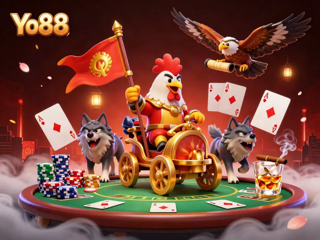 Experience the excitement of Yo88 with a digital casino illustration featuring a rooster warlord, poker elements, and rich details.