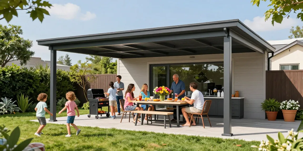 Freistehende Terrassenüberdachung im Garten mit Familie, die ein Barbecue genießt