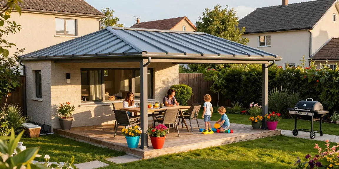 Moderne Terrassenüberdachung mit Familie, die eine sonnige Nachmittagszeit im Garten genießt.