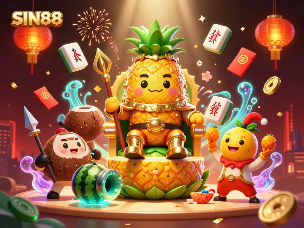 SIN88 online casino vibes with a golden pineapple king and vibrant casino elements