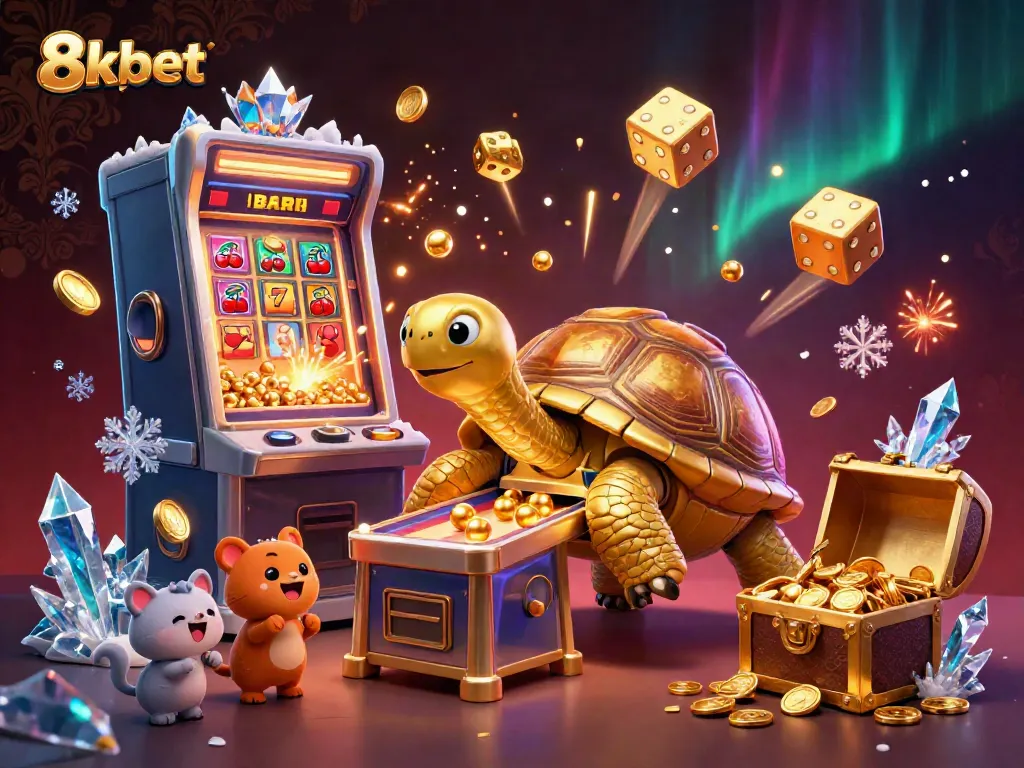 Engage with 8xbet's thrilling slot adventure featuring a golden tortoise pinball machine and exciting game elements.