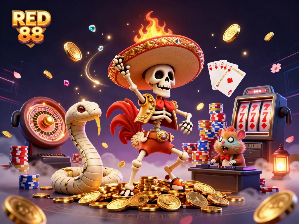 Experience the thrill of gaming at RED 88 with animated characters and vibrant casino elements.