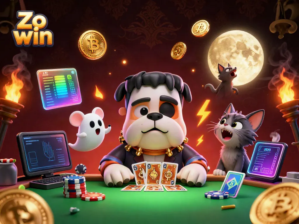 Join the fun at Zo win - a vibrant casino scene with unique characters and crypto elements.