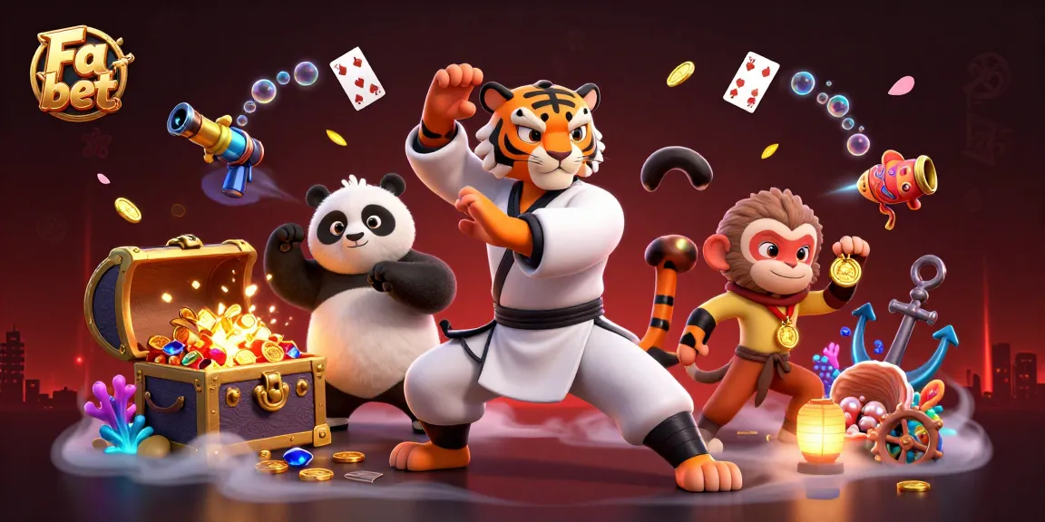 Experience the excitement at Fa bet with a kung fu tiger, panda disciple, and playful monkey amidst a dazzling casino scene.