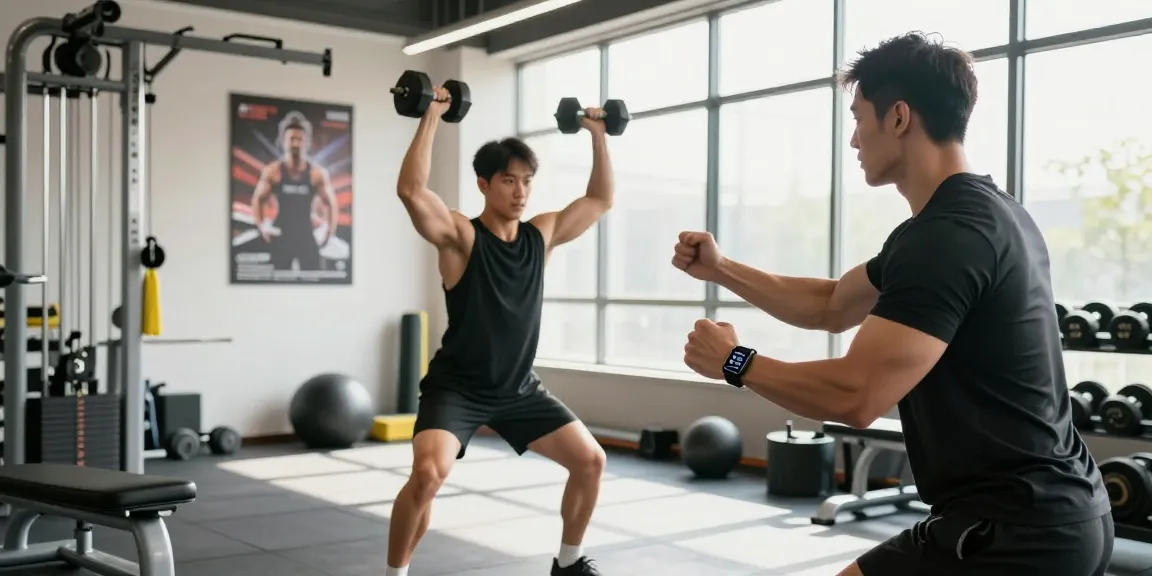 Anabolika Shop Deutschland - Fitnesscoach im modernen Fitnessstudio beim Krafttraining mit Gewichten.