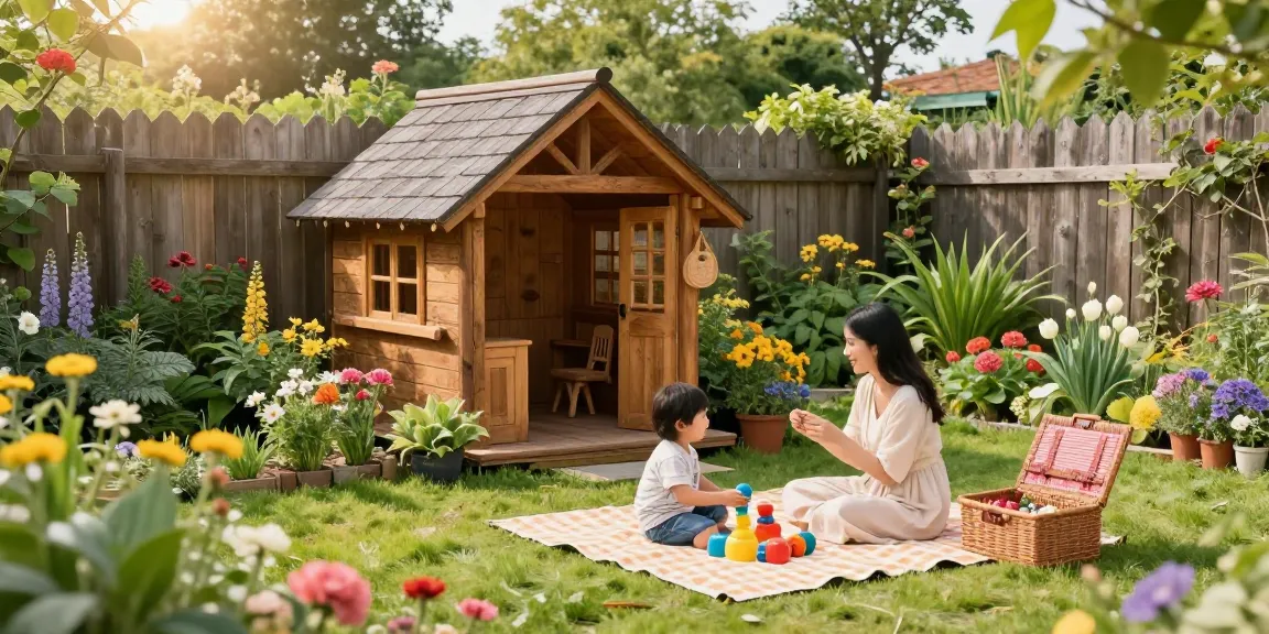 Gemütliches Gartenhaus in strahlendem Blumengarten für Outdoor-Familienaktivitäten.
