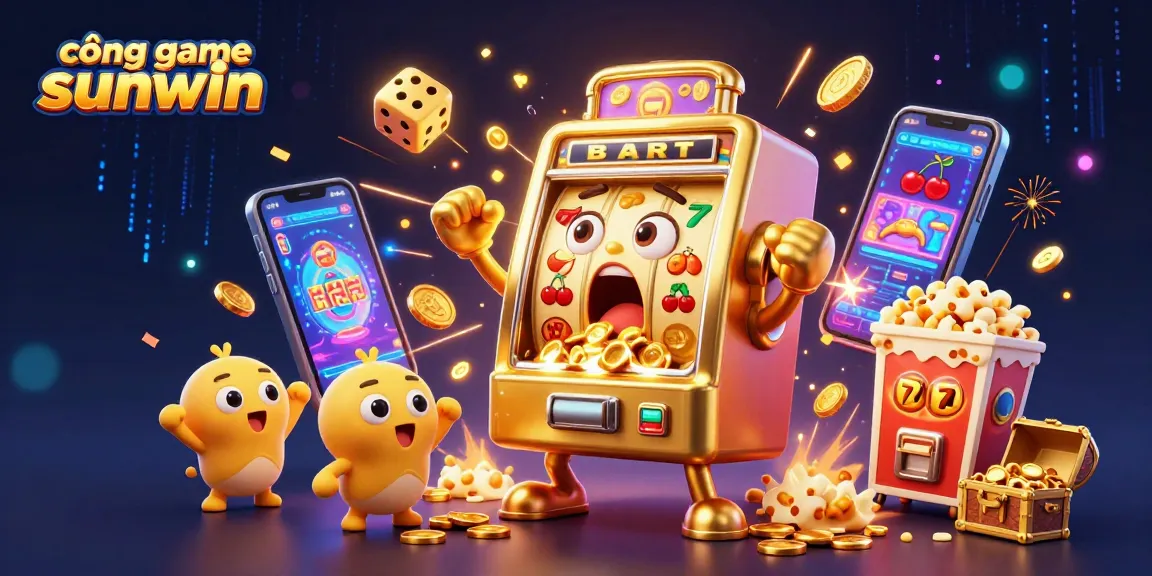 Experience thrilling action with cổng game sunwin, where a gold slot machine celebrates a jackpot amidst dynamic casino elements.