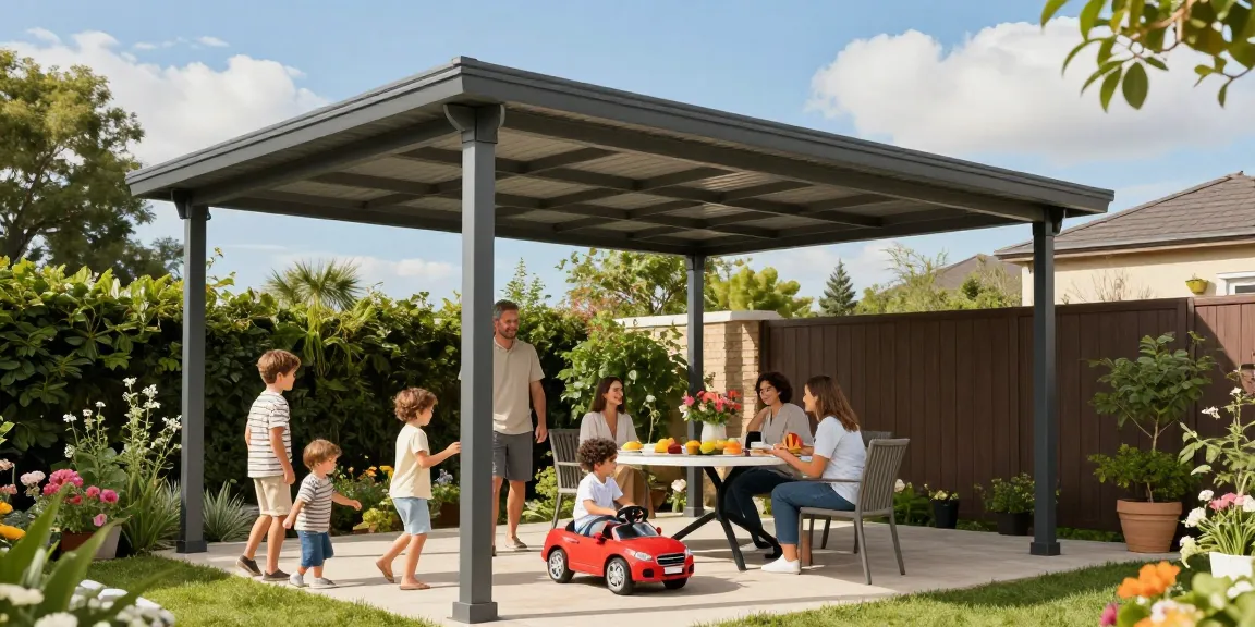 Familie unter einer modernen Terrassenüberdachung genießt den sonnigen Nachmittag im Garten.