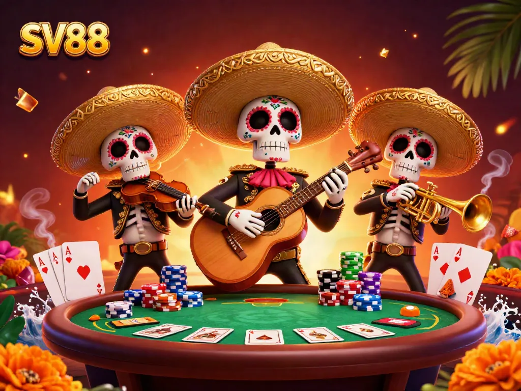 Engage with SV88's vibrant casino experience through colorful mariachi characters and poker elements.