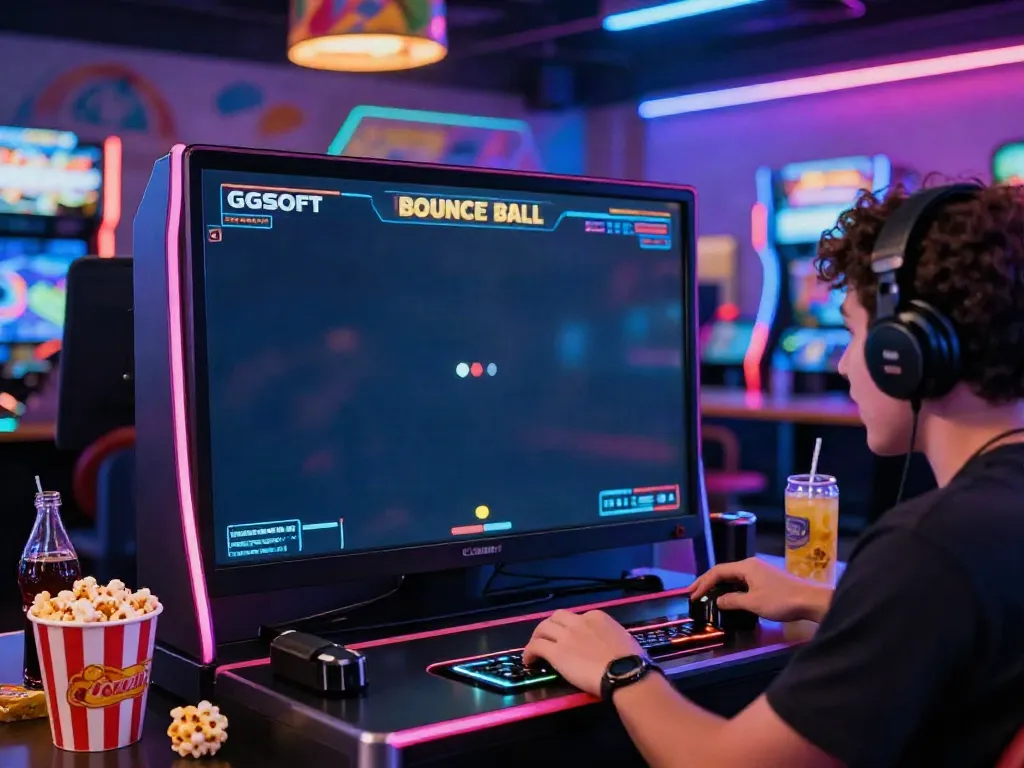 The player experiencing the GGSOFT Bounce Ball Slot game in a vibrant gaming environment, surrounded by neon lights and snacks.