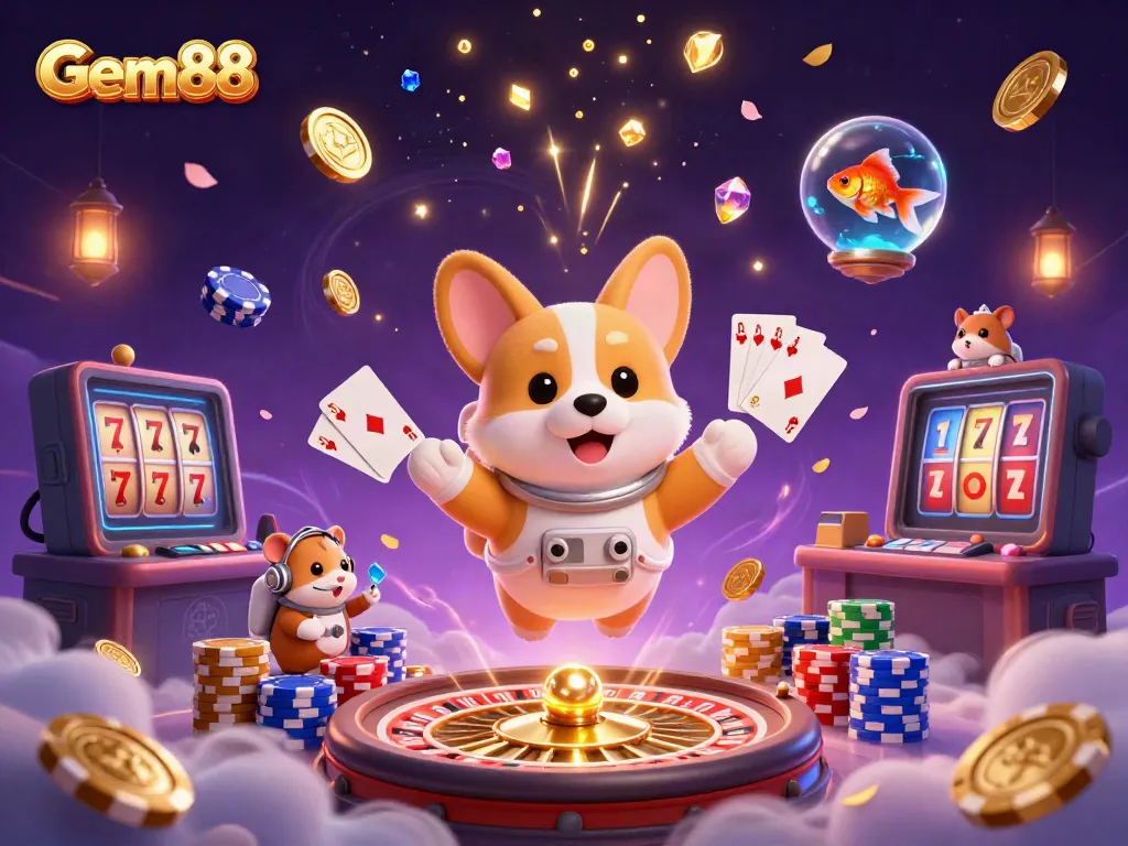 Gem88 showcases a vibrant space casino experience with a floating corgi astronaut and immersive gaming elements.