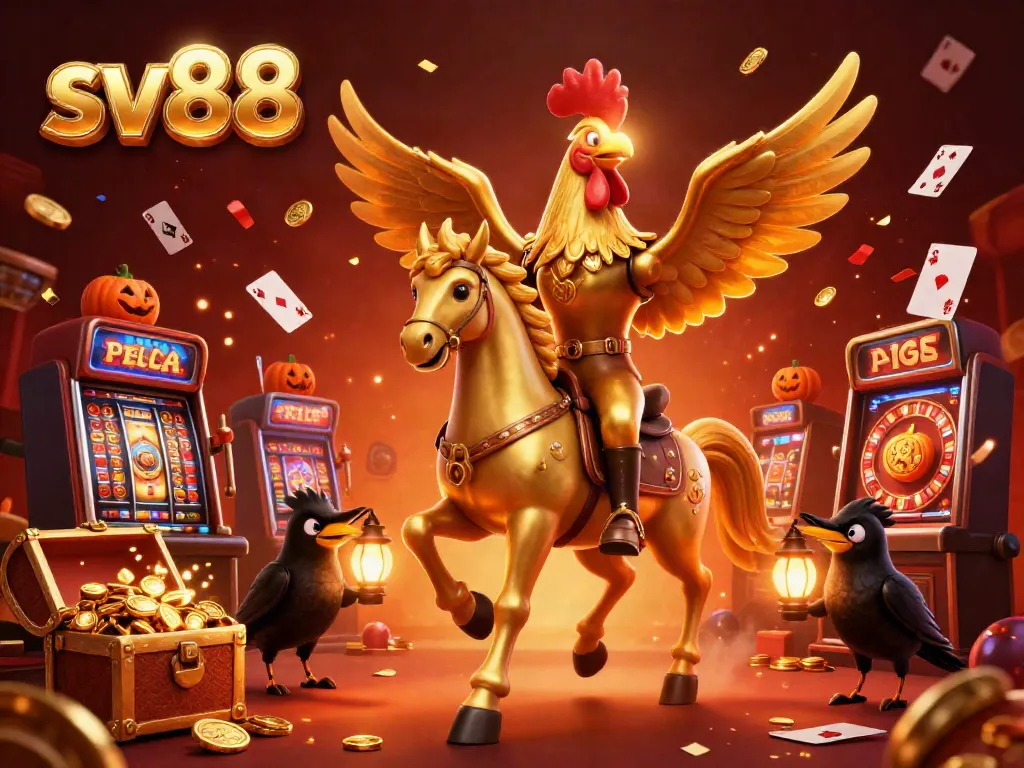 Experience the excitement of sv88 with a golden rooster and a spectral horse in a vivid casino.