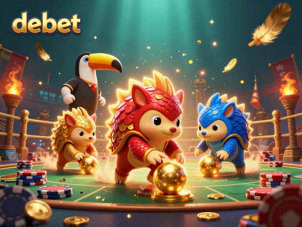 Experience energetic sports betting action with debet featuring colorful pangolins amidst confetti and gold coins.