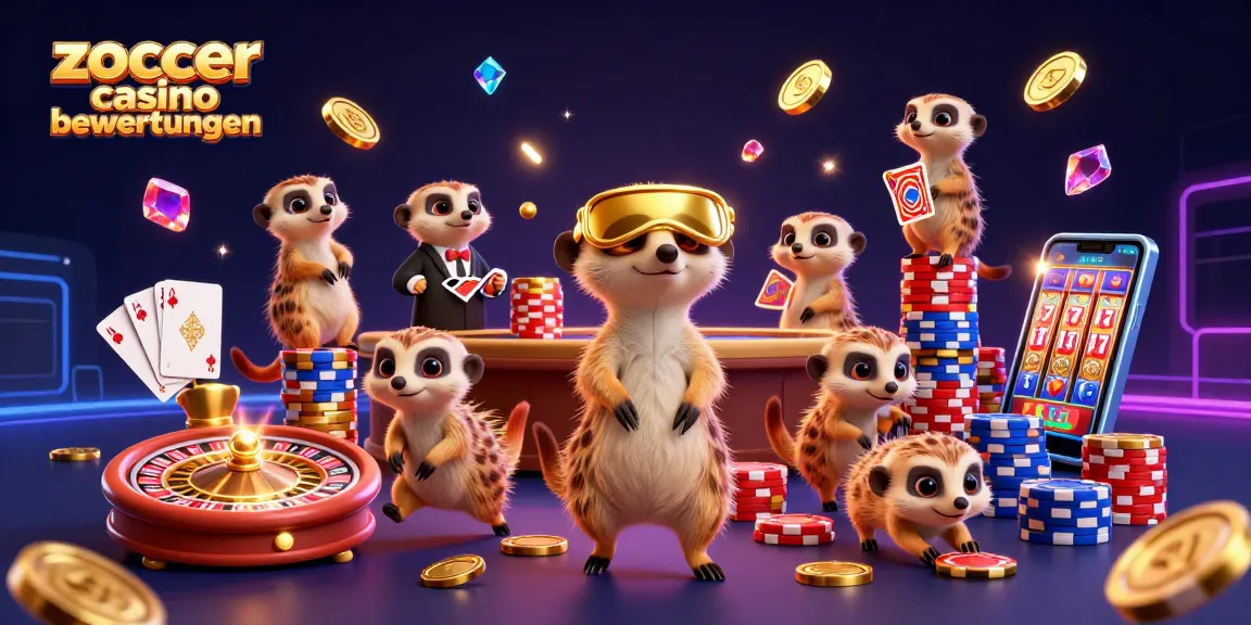 Zoccer casino bewertungen shows meerkats in an elaborate casino, highlighting excitement with chips and games.